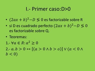I.- Primer caso:D>0
• (2𝑎𝑥 + 𝑏)2
−𝐷 ≶ 0 es factorizable sobre R
• si D es cuadrado perfecto (2𝑎𝑥 + 𝑏)2
−𝐷 ≶ 0
es factorizable sobre Q.
• Teoremas:
1.- ∀𝑎 ∈ 𝑅: 𝑎2
≥ 0
2.- 𝑎. 𝑏 > 0 ↔ 𝑎 > 0 ∧ 𝑏 > 𝑜 ∨ (𝑎 < 0 ∧
𝑏 < 0)
 