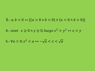 3.- 𝑎. 𝑏 < 0 ↔ [ 𝑎 > 0 ∧ 𝑏 < 0 ∨ 𝑎 < 0 ∧ 𝑏 > 0 ]
4.- 𝑠𝑒𝑎𝑛 𝑥 ≥ 0 ∧ 𝑦 ≥ 0, 𝑙𝑢𝑒𝑔𝑜 𝑥2 > 𝑦2 ↔ 𝑥 > 𝑦
5.- ∀𝑎 > 0, 𝑥2 < 𝑎 ↔ − 𝑎 < 𝑥 < 𝑎
 