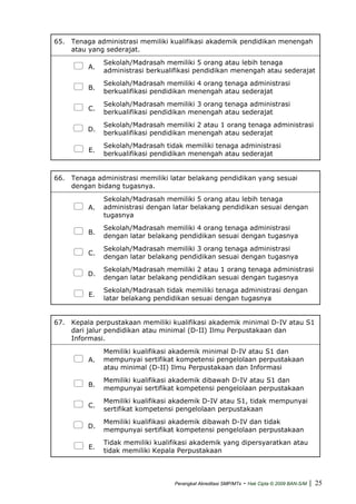 65. Tenaga administrasi memiliki kualifikasi akademik pendidikan menengah
atau yang sederajat.
A.
Sekolah/Madrasah memiliki 5 orang atau lebih tenaga
administrasi berkualifikasi pendidikan menengah atau sederajat
B.
Sekolah/Madrasah memiliki 4 orang tenaga administrasi
berkualifikasi pendidikan menengah atau sederajat
C.
Sekolah/Madrasah memiliki 3 orang tenaga administrasi
berkualifikasi pendidikan menengah atau sederajat
D.
Sekolah/Madrasah memiliki 2 atau 1 orang tenaga administrasi
berkualifikasi pendidikan menengah atau sederajat
E.
Sekolah/Madrasah tidak memiliki tenaga administrasi
berkualifikasi pendidikan menengah atau sederajat
66. Tenaga administrasi memiliki latar belakang pendidikan yang sesuai
dengan bidang tugasnya.
A.
Sekolah/Madrasah memiliki 5 orang atau lebih tenaga
administrasi dengan latar belakang pendidikan sesuai dengan
tugasnya
B.
Sekolah/Madrasah memiliki 4 orang tenaga administrasi
dengan latar belakang pendidikan sesuai dengan tugasnya
C.
Sekolah/Madrasah memiliki 3 orang tenaga administrasi
dengan latar belakang pendidikan sesuai dengan tugasnya
D.
Sekolah/Madrasah memiliki 2 atau 1 orang tenaga administrasi
dengan latar belakang pendidikan sesuai dengan tugasnya
E.
Sekolah/Madrasah tidak memiliki tenaga administrasi dengan
latar belakang pendidikan sesuai dengan tugasnya
67. Kepala perpustakaan memiliki kualifikasi akademik minimal D-IV atau S1
dari jalur pendidikan atau minimal (D-II) Ilmu Perpustakaan dan
Informasi.
A.
Memiliki kualifikasi akademik minimal D-IV atau S1 dan
mempunyai sertifikat kompetensi pengelolaan perpustakaan
atau minimal (D-II) Ilmu Perpustakaan dan Informasi
B.
Memiliki kualifikasi akademik dibawah D-IV atau S1 dan
mempunyai sertifikat kompetensi pengelolaan perpustakaan
C.
Memiliki kualifikasi akademik D-IV atau S1, tidak mempunyai
sertifikat kompetensi pengelolaan perpustakaan
D.
Memiliki kualifikasi akademik dibawah D-IV dan tidak
mempunyai sertifikat kompetensi pengelolaan perpustakaan
E.
Tidak memiliki kualifikasi akademik yang dipersyaratkan atau
tidak memiliki Kepala Perpustakaan
Perangkat Akreditasi SMP/MTs - Hak Cipta © 2009 BAN-S/M | 25
 