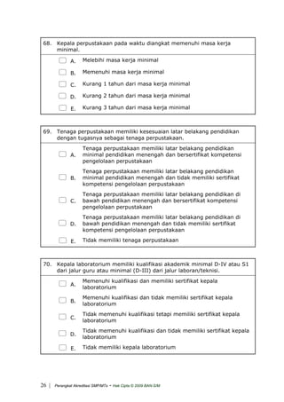 68. Kepala perpustakaan pada waktu diangkat memenuhi masa kerja
minimal.
A. Melebihi masa kerja minimal
B. Memenuhi masa kerja minimal
C. Kurang 1 tahun dari masa kerja minimal
D. Kurang 2 tahun dari masa kerja minimal
E. Kurang 3 tahun dari masa kerja minimal
69. Tenaga perpustakaan memiliki kesesuaian latar belakang pendidikan
dengan tugasnya sebagai tenaga perpustakaan.
A.
Tenaga perpustakaan memiliki latar belakang pendidikan
minimal pendidikan menengah dan bersertifikat kompetensi
pengelolaan perpustakaan
B.
Tenaga perpustakaan memiliki latar belakang pendidikan
minimal pendidikan menengah dan tidak memiliki sertifikat
kompetensi pengelolaan perpustakaan
C.
Tenaga perpustakaan memiliki latar belakang pendidikan di
bawah pendidikan menengah dan bersertifikat kompetensi
pengelolaan perpustakaan
D.
Tenaga perpustakaan memiliki latar belakang pendidikan di
bawah pendidikan menengah dan tidak memiliki sertifikat
kompetensi pengelolaan perpustakaan
E. Tidak memiliki tenaga perpustakaan
70. Kepala laboratorium memiliki kualifikasi akademik minimal D-IV atau S1
dari jalur guru atau minimal (D-III) dari jalur laboran/teknisi.
A.
Memenuhi kualifikasi dan memiliki sertifikat kepala
laboratorium
B.
Memenuhi kualifikasi dan tidak memiliki sertifikat kepala
laboratorium
C.
Tidak memenuhi kualifikasi tetapi memiliki sertifikat kepala
laboratorium
D.
Tidak memenuhi kualifikasi dan tidak memiliki sertifikat kepala
laboratorium
E. Tidak memiliki kepala laboratorium
| Perangkat Akreditasi SMP/MTs - Hak Cipta © 2009 BAN-S/M26
 