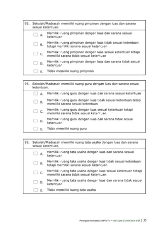 93. Sekolah/Madrasah memiliki ruang pimpinan dengan luas dan sarana
sesuai ketentuan.
A.
Memiliki ruang pimpinan dengan luas dan sarana sesuai
ketentuan
B.
Memiliki ruang pimpinan dengan luas tidak sesuai ketentuan
tetapi memiliki sarana sesuai ketentuan
C.
Memiliki ruang pimpinan dengan luas sesuai ketentuan tetapi
memiliki sarana tidak sesuai ketentuan
D.
Memiliki ruang pimpinan dengan luas dan sarana tidak sesuai
ketentuan
E. Tidak memiliki ruang pimpinan
94. Sekolah/Madrasah memiliki ruang guru dengan luas dan sarana sesuai
ketentuan.
A. Memiliki ruang guru dengan luas dan sarana sesuai ketentuan
B.
Memiliki ruang guru dengan luas tidak sesuai ketentuan tetapi
memiliki sarana sesuai ketentuan
C.
Memiliki ruang guru dengan luas sesuai ketentuan tetapi
memiliki sarana tidak sesuai ketentuan
D.
Memiliki ruang guru dengan luas dan sarana tidak sesuai
ketentuan
E. Tidak memiliki ruang guru
95. Sekolah/Madrasah memiliki ruang tata usaha dengan luas dan sarana
sesuai ketentuan.
A.
Memiliki ruang tata usaha dengan luas dan sarana sesuai
ketentuan
B.
Memiliki ruang tata usaha dengan luas tidak sesuai ketentuan
tetapi memiliki sarana sesuai ketentuan
C.
Memiliki ruang tata usaha dengan luas sesuai ketentuan tetapi
memiliki sarana tidak sesuai ketentuan
D.
Memiliki ruang tata usaha dengan luas dan sarana tidak sesuai
ketentuan
E. Tidak memiliki ruang tata usaha
Perangkat Akreditasi SMP/MTs - Hak Cipta © 2009 BAN-S/M | 35
 