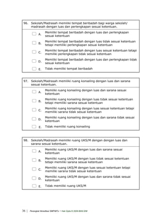 96. Sekolah/Madrasah memiliki tempat beribadah bagi warga sekolah/
madrasah dengan luas dan perlengkapan sesuai ketentuan.
A.
Memiliki tempat beribadah dengan luas dan perlengkapan
sesuai ketentuan
B.
Memiliki tempat beribadah dengan luas tidak sesuai ketentuan
tetapi memiliki perlengkapan sesuai ketentuan
C.
Memiliki tempat beribadah dengan luas sesuai ketentuan tetapi
memiliki perlengkapan tidak sesuai ketentuan
D.
Memiliki tempat beribadah dengan luas dan perlengkapan tidak
sesuai ketentuan
E. Tidak memiliki tempat beribadah
97. Sekolah/Madrasah memiliki ruang konseling dengan luas dan sarana
sesuai ketentuan.
A.
Memiliki ruang konseling dengan luas dan sarana sesuai
ketentuan
B.
Memiliki ruang konseling dengan luas tidak sesuai ketentuan
tetapi memiliki sarana sesuai ketentuan
C.
Memiliki ruang konseling dengan luas sesuai ketentuan tetapi
memiliki sarana tidak sesuai ketentuan
D.
Memiliki ruang konseling dengan luas dan sarana tidak sesuai
ketentuan
E. Tidak memiliki ruang konseling
98. Sekolah/Madrasah memiliki ruang UKS/M dengan dengan luas dan
sarana sesuai ketentuan.
A.
Memiliki ruang UKS/M dengan luas dan sarana sesuai
ketentuan
B.
Memiliki ruang UKS/M dengan luas tidak sesuai ketentuan
tetapi memiliki sarana sesuai ketentuan
C.
Memiliki ruang UKS/M dengan luas sesuai ketentuan tetapi
memiliki sarana tidak sesuai ketentuan
D.
Memiliki ruang UKS/M dengan luas dan sarana tidak sesuai
ketentuan
E. Tidak memiliki ruang UKS/M
| Perangkat Akreditasi SMP/MTs - Hak Cipta © 2009 BAN-S/M36
 