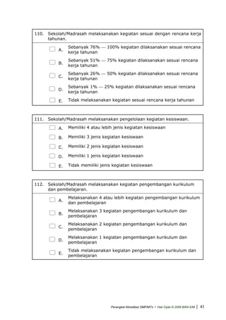 110. Sekolah/Madrasah melaksanakan kegiatan sesuai dengan rencana kerja
tahunan.
A.
Sebanyak 76% ⎯ 100% kegiatan dilaksanakan sesuai rencana
kerja tahunan
B.
Sebanyak 51% ⎯ 75% kegiatan dilaksanakan sesuai rencana
kerja tahunan
C.
Sebanyak 26% ⎯ 50% kegiatan dilaksanakan sesuai rencana
kerja tahunan
D.
Sebanyak 1% ⎯ 25% kegiatan dilaksanakan sesuai rencana
kerja tahunan
E. Tidak melaksanakan kegiatan sesuai rencana kerja tahunan
111. Sekolah/Madrasah melaksanakan pengelolaan kegiatan kesiswaan.
A. Memiliki 4 atau lebih jenis kegiatan kesiswaan
B. Memiliki 3 jenis kegiatan kesiswaan
C. Memiliki 2 jenis kegiatan kesiswaan
D. Memiliki 1 jenis kegiatan kesiswaan
E. Tidak memiliki jenis kegiatan kesiswaan
112. Sekolah/Madrasah melaksanakan kegiatan pengembangan kurikulum
dan pembelajaran.
A.
Melaksanakan 4 atau lebih kegiatan pengembangan kurikulum
dan pembelajaran
B.
Melaksanakan 3 kegiatan pengembangan kurikulum dan
pembelajaran
C.
Melaksanakan 2 kegiatan pengembangan kurikulum dan
pembelajaran
D.
Melaksanakan 1 kegiatan pengembangan kurikulum dan
pembelajaran
E.
Tidak melaksanakan kegiatan pengembangan kurikulum dan
pembelajaran
Perangkat Akreditasi SMP/MTs - Hak Cipta © 2009 BAN-S/M | 41
 