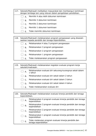 117. Sekolah/Madrasah melibatkan masyarakat dan membangun kemitraan
dengan lembaga lain yang relevan dalam pengelolaan pendidikan.
A. Memiliki 4 atau lebih dokumen kemitraan
B. Memiliki 3 dokumen kemitraan
C. Memiliki 2 dokumen kemitraan
D. Memiliki 1 dokumen kemitraan
E. Tidak memiliki dokumen kemitraan
118. Sekolah/Madrasah melaksanakan program pengawasan yang disosiali-
sasikan kepada pendidik dan tenaga kependidikan.
A. Melaksanakan 4 atau 5 program pengawasan
B. Melaksanakan 3 program pengawasan
C. Melaksanakan 2 program pengawasan
D. Melaksanakan 1 program pengawasan
E. Tidak melaksanakan program pengawasan
119. Sekolah/Madrasah melaksanakan kegiatan evaluasi program kerja
sekolah/madrasah.
A.
Melaksanakan evaluasi diri sekurang-kurangnya sekali dalam
1 tahun
B. Melaksanakan evaluasi diri sekali dalam 2 tahun
C. Melaksanakan evaluasi diri sekali dalam 3 tahun
D. Melaksanakan evaluasi diri sekali dalam 4 tahun
E. Tidak melaksanakan evaluasi diri
120. Sekolah/Madrasah melaksanakan evaluasi kinerja pendidik dan tenaga
kependidikan.
A.
Melaksanakan 4 program evaluasi kinerja pendidik dan tenaga
kependidikan
B.
Melaksanakan 3 program evaluasi kinerja pendidik dan tenaga
kependidikan
C.
Melaksanakan 2 program evaluasi kinerja pendidik dan tenaga
kependidikan
D.
Melaksanakan 1 program evaluasi kinerja pendidik dan tenaga
kependidikan
E.
Tidak melakukan program evaluasi kinerja pendidik dan
tenaga kependidikan
Perangkat Akreditasi SMP/MTs - Hak Cipta © 2009 BAN-S/M | 43
 