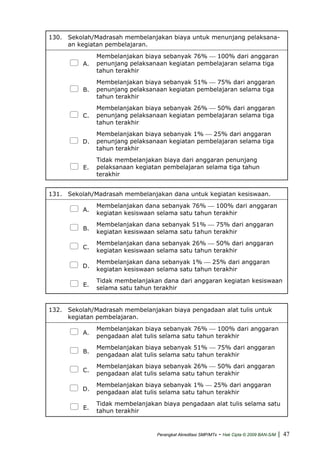 130. Sekolah/Madrasah membelanjakan biaya untuk menunjang pelaksana-
an kegiatan pembelajaran.
A.
Membelanjakan biaya sebanyak 76% ⎯ 100% dari anggaran
penunjang pelaksanaan kegiatan pembelajaran selama tiga
tahun terakhir
B.
Membelanjakan biaya sebanyak 51% ⎯ 75% dari anggaran
penunjang pelaksanaan kegiatan pembelajaran selama tiga
tahun terakhir
C.
Membelanjakan biaya sebanyak 26% ⎯ 50% dari anggaran
penunjang pelaksanaan kegiatan pembelajaran selama tiga
tahun terakhir
D.
Membelanjakan biaya sebanyak 1% ⎯ 25% dari anggaran
penunjang pelaksanaan kegiatan pembelajaran selama tiga
tahun terakhir
E.
Tidak membelanjakan biaya dari anggaran penunjang
pelaksanaan kegiatan pembelajaran selama tiga tahun
terakhir
131. Sekolah/Madrasah membelanjakan dana untuk kegiatan kesiswaan.
A.
Membelanjakan dana sebanyak 76% ⎯ 100% dari anggaran
kegiatan kesiswaan selama satu tahun terakhir
B.
Membelanjakan dana sebanyak 51% ⎯ 75% dari anggaran
kegiatan kesiswaan selama satu tahun terakhir
C.
Membelanjakan dana sebanyak 26% ⎯ 50% dari anggaran
kegiatan kesiswaan selama satu tahun terakhir
D.
Membelanjakan dana sebanyak 1% ⎯ 25% dari anggaran
kegiatan kesiswaan selama satu tahun terakhir
E.
Tidak membelanjakan dana dari anggaran kegiatan kesiswaan
selama satu tahun terakhir
132. Sekolah/Madrasah membelanjakan biaya pengadaan alat tulis untuk
kegiatan pembelajaran.
A.
Membelanjakan biaya sebanyak 76% ⎯ 100% dari anggaran
pengadaan alat tulis selama satu tahun terakhir
B.
Membelanjakan biaya sebanyak 51% ⎯ 75% dari anggaran
pengadaan alat tulis selama satu tahun terakhir
C.
Membelanjakan biaya sebanyak 26% ⎯ 50% dari anggaran
pengadaan alat tulis selama satu tahun terakhir
D.
Membelanjakan biaya sebanyak 1% ⎯ 25% dari anggaran
pengadaan alat tulis selama satu tahun terakhir
E.
Tidak membelanjakan biaya pengadaan alat tulis selama satu
tahun terakhir
Perangkat Akreditasi SMP/MTs - Hak Cipta © 2009 BAN-S/M | 47
 