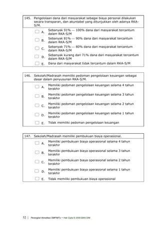 145. Pengelolaan dana dari masyarakat sebagai biaya personal dilakukan
secara transparan, dan akuntabel yang ditunjukkan oleh adanya RKA-
S/M.
A.
Sebanyak 91% ⎯ 100% dana dari masyarakat tercantum
dalam RKA-S/M
B.
Sebanyak 81% ⎯ 90% dana dari masyarakat tercantum
dalam RKA-S/M
C.
Sebanyak 71% ⎯ 80% dana dari masyarakat tercantum
dalam RKA-S/M
D.
Sebanyak kurang dari 71% dana dari masyarakat tercantum
dalam RKA-S/M
E. Dana dari masyarakat tidak tercantum dalam RKA-S/M
146. Sekolah/Madrasah memiliki pedoman pengelolaan keuangan sebagai
dasar dalam penyusunan RKA-S/M.
A.
Memiliki pedoman pengelolaan keuangan selama 4 tahun
terakhir
B.
Memiliki pedoman pengelolaan keuangan selama 3 tahun
terakhir
C.
Memiliki pedoman pengelolaan keuangan selama 2 tahun
terakhir
D.
Memiliki pedoman pengelolaan keuangan selama 1 tahun
terakhir
E. Tidak memiliki pedoman pengelolaan keuangan
147. Sekolah/Madrasah memiliki pembukuan biaya operasional.
A.
Memiliki pembukuan biaya operasional selama 4 tahun
terakhir
B.
Memiliki pembukuan biaya operasional selama 3 tahun
terakhir
C.
Memiliki pembukuan biaya operasional selama 2 tahun
terakhir
D.
Memiliki pembukuan biaya operasional selama 1 tahun
terakhir
E. Tidak memiliki pembukuan biaya operasional
| Perangkat Akreditasi SMP/MTs - Hak Cipta © 2009 BAN-S/M52
 