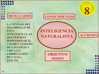 LA VENTAJA DEL DESARROLLO DE ESTA INTELIGENCIA, ES QUE PERMITE DIMENSIONAR EL VALOR Y TAMAÑO DE LAS COSAS Y UBICA LA CORRELACIÓN  DE CAUSA - EFECTO. RESULTADOS CONOCIMIENTOS OBJETIVO  MISIÓN ACCIONES 8 INTELIGENCIA NATURALISTA 