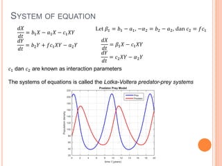 SYSTEM OF EQUATION
Let 𝛽1 = 𝑏1 − 𝑎1, −𝛼2 = 𝑏2 − 𝑎2, dan 𝑐2 = 𝑓𝑐1𝑑𝑋
𝑑𝑡
= 𝑏1 𝑋 − 𝑎1 𝑋 − 𝑐1 𝑋𝑌
𝑑𝑌
𝑑𝑡
= 𝑏2 𝑌 + 𝑓𝑐1 𝑋𝑌 − 𝑎2 𝑌
𝑑𝑋
𝑑𝑡
= 𝛽1 𝑋 − 𝑐1 𝑋𝑌
𝑑𝑌
𝑑𝑡
= 𝑐2 𝑋𝑌 − 𝛼2 𝑌
𝑐1 dan 𝑐2 are known as interaction parameters
The systems of equations is called the Lotka-Voltera predator-prey systems
 