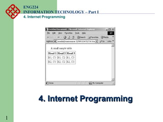 ENG224
    INFORMATION TECHNOLOGY – Part I
    4. Internet Programming




            4. Internet Programming

1
 