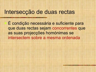 Intersecção de duas rectas É condição necessária e suficiente para que duas rectas sejam  concorrentes  que as suas projecções homónimas se  intersectem sobre a mesma ordenada 