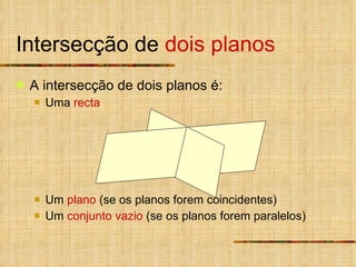 Intersecção de  dois planos A intersecção de dois planos é: Uma  recta Um  plano  (se os planos forem coincidentes) Um  conjunto vazio  (se os planos forem paralelos) 