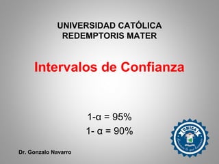 Intervalos de Confianza
1-α = 95%
1- α = 90%
UNIVERSIDAD CATÓLICA
REDEMPTORIS MATER
Dr. Gonzalo Navarro
 