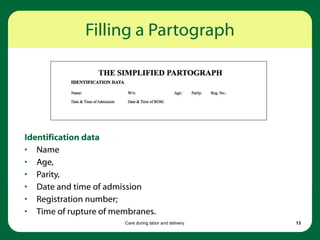 Care during labor and delivery 13
Filling a Partograph
Identification data
• Name
• Age,
• Parity,
• Date and time of admission
• Registration number;
• Time of rupture of membranes.
 