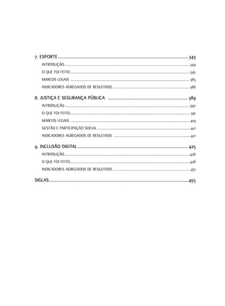 7. ESPORTE ...........................................................................................................343
     INTRODUçãO ..................................................................................................................................344
     O qUE FOI FEITO ............................................................................................................................ 345
     MARCOS lEGAIS ............................................................................................................................ 385
     INDICADORES AGREGADOS DE RESUlTADO ................................................................................386

8. JUSTIÇA E SEGURANÇA PúBLICA ................................................................. 389
     INTRODUçãO ..................................................................................................................................390
     O qUE FOI FEITO .............................................................................................................................391
     MARCOS lEGAIS .............................................................................................................................419
     GESTãO E PARTICIPAçãO SOCIAl .................................................................................................421
     INDICADORES AGREGADOS DE RESUlTADO ................................................................................421

9. INCLUSÃO DIGITAL .......................................................................................... 425
     INTRODUçãO ..................................................................................................................................426
     O qUE FOI FEITO ............................................................................................................................428
     INDICADORES AGREGADOS DE RESUlTADO .................................................................................451

SIGLAS ..................................................................................................................455
 