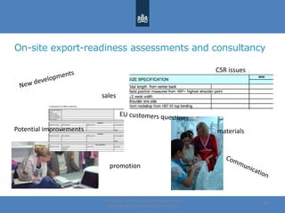 On-site export-readiness assessments and consultancy
Centre for the Promotion of Imports from
developing countries | August, 2014
18
materials
promotion
sales
Potential improvements
CSR issues
 