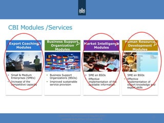 CBI Modules /Services
Centre for the Promotion of Imports from
developing countries | August, 2014
7
Export Coaching
Modules
Business Support
Organization
Modules
Market Intelligence
Modules
 Small & Medium
Enterprises (SMEs)
 Increase of the
competitive capacity
 Business Support
Organizations (BSOs)
 Improved sustainable
service provision
 SME en BSOs
 Effective
implementation of the
available information
Human Resource
Development
Modules
 SME en BSOs
 Effective
implementation of
export knowledge and
export skills
 