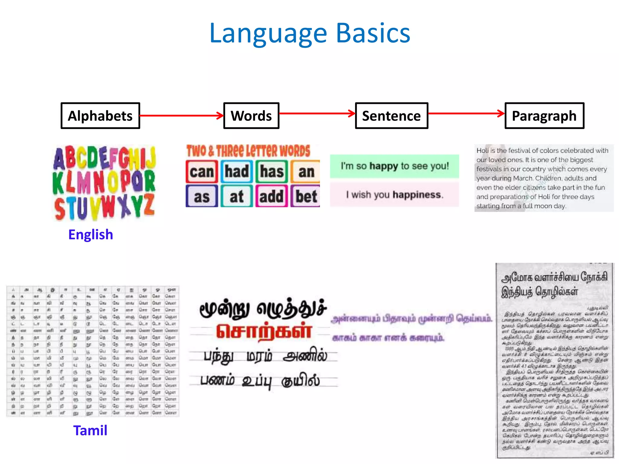 Alphabets
Language Basics
Words Sentence Paragraph
English
Tamil
 