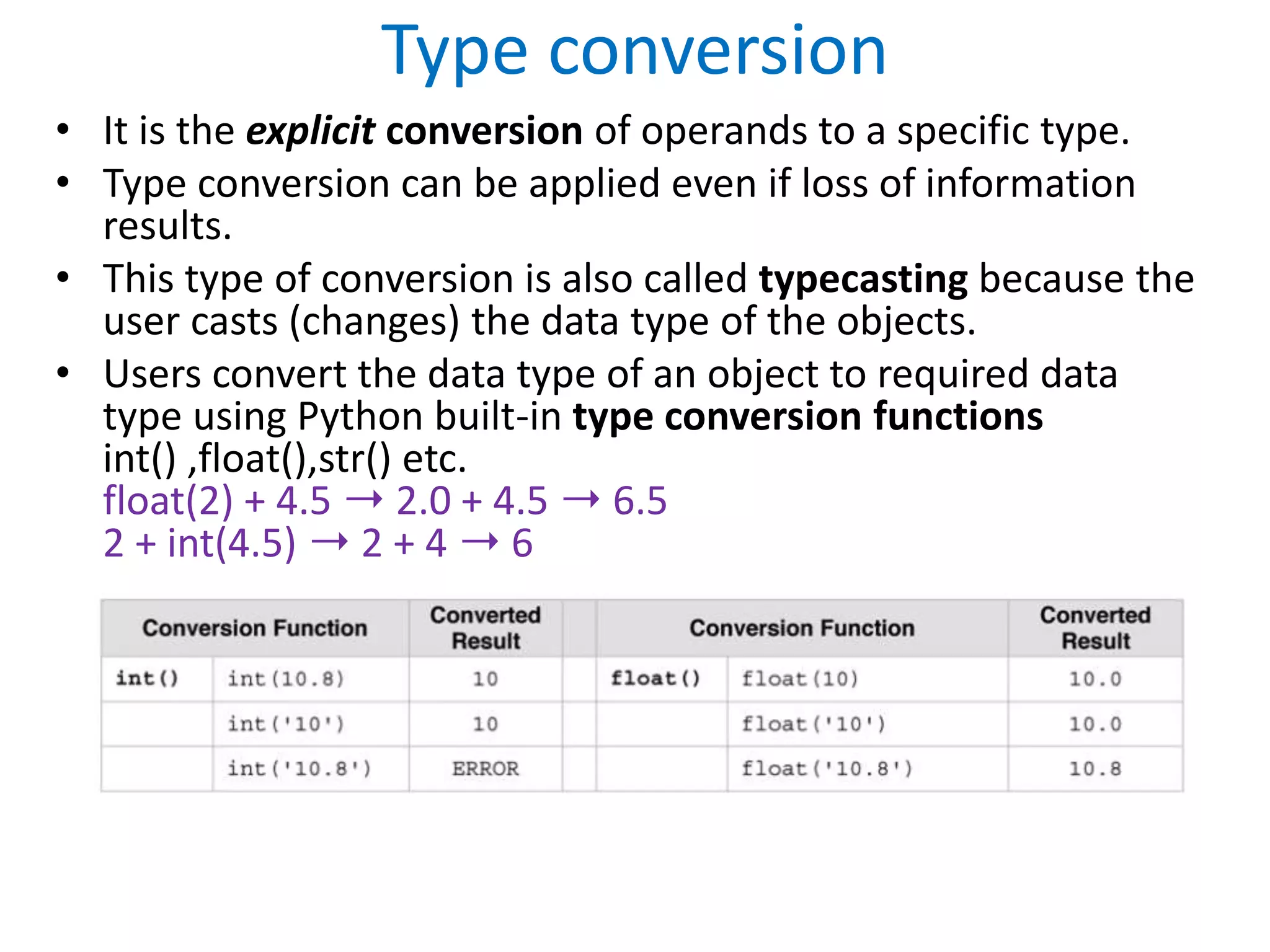Type conversion
• It is the explicit conversion of operands to a specific type.
• Type conversion can be applied even if loss of information
results.
• This type of conversion is also called typecasting because the
user casts (changes) the data type of the objects.
• Users convert the data type of an object to required data
type using Python built-in type conversion functions
int() ,float(),str() etc.
float(2) + 4.5 ➝ 2.0 + 4.5 ➝ 6.5
2 + int(4.5) ➝ 2 + 4 ➝ 6
 