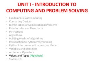 UNIT I - INTRODUCTION TO
COMPUTING AND PROBLEM SOLVING
• Fundamentals of Computing
• Computing Devices
• Identification of Computational Problems
• Pseudocodes and Flowcharts
• Instructions
• Algorithms
• Building Blocks of Algorithms
• Introduction to Python Programming
• Python Interpreter and Interactive Mode
• Variables and Identifiers
• Arithmetic Operators
• Values and Types [Alphabets]
• Statements
 