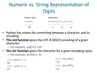 Numeric vs. String Representation of
Digits
• Python has means for converting between a character and its
encoding.
• The ord function gives the UTF-8 (ASCII) encoding of a given
character.
– For example, ord('A') is 65.
• The chr function gives the character for a given encoding value.
– For example, chr(65) is 'A'.
 