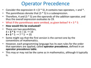 Operator Precedence
• Consider the expression 4 + (3 * 5) ,It contains two operators, + and *.
• The parentheses denote that (3 * 5) is a subexpression.
• Therefore, 4 and (3 * 5) are the operands of the addition operator, and
thus the overall expression evaluates to 19.
• What if the parentheses were omitted, as given below? 4 + 3 * 5
• How would this be evaluated?
• These are two possibilities,
4 + 3 * 5 ➝ 4 + 15 ➝ 19
4 + 3 * 5 ➝ 7 * 5 ➝ 35
• Some might say that the first version is the correct one by the
conventions of mathematics.
• However, each programming language has its own rules for the order
that operators are applied, called operator precedence, defined in an
operator precedence table.
• This may or may not be the same as in mathematics, although it typically
is.
 