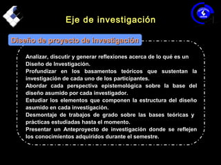 Eje de investigaciónEje de investigación
Analizar, discutir y generar reflexiones acerca de lo qué es unAnalizar, discutir y generar reflexiones acerca de lo qué es un
Diseño de Investigación.Diseño de Investigación.
Profundizar en los basamentos teóricos que sustentan laProfundizar en los basamentos teóricos que sustentan la
investigación de cada uno de los participantes.investigación de cada uno de los participantes.
Abordar cada perspectiva epistemológica sobre la base delAbordar cada perspectiva epistemológica sobre la base del
diseño asumido por cada investigador.diseño asumido por cada investigador.
Estudiar los elementos que componen la estructura del diseñoEstudiar los elementos que componen la estructura del diseño
asumido en cada investigación.asumido en cada investigación.
Desmontaje de trabajos de grado sobre las bases teóricas yDesmontaje de trabajos de grado sobre las bases teóricas y
prácticas estudiadas hasta el momento.prácticas estudiadas hasta el momento.
Presentar un Anteproyecto de investigación donde se reflejenPresentar un Anteproyecto de investigación donde se reflejen
los conocimientos adquiridos durante el semestre.los conocimientos adquiridos durante el semestre.
Diseño de proyecto de investigaciónDiseño de proyecto de investigación
 