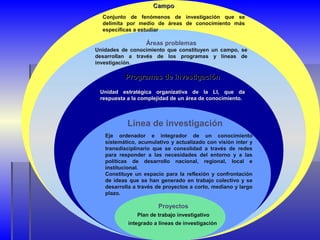Áreas problemas
Unidades de conocimiento que constituyen un campo, se
desarrollan a través de los programas y líneas de
investigación.
Línea de investigación
Proyectos
Plan de trabajo investigativo
integrado a líneas de investigación
CampoCampo
Conjunto de fenómenos de investigación que se
delimita por medio de áreas de conocimiento más
específicas a estudiar
Programas de investigaciónProgramas de investigación
Unidad estratégica organizativa de la LI, que daUnidad estratégica organizativa de la LI, que da
respuesta a la complejidad de un área de conocimiento.respuesta a la complejidad de un área de conocimiento.
Eje ordenador e integrador de un conocimiento
sistemático, acumulativo y actualizado con visión inter y
transdisciplinario que se consolidad a través de redes
para responder a las necesidades del entorno y a las
políticas de desarrollo nacional, regional, local e
institucional.
Constituye un espacio para la reflexión y confrontación
de ideas que se han generado en trabajo colectivo y se
desarrolla a través de proyectos a corto, mediano y largo
plazo.
 