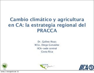 Cambio climático y agricultura
en CA: la estrategia regional del
PRACCA
Dr. Galileo Rivas
M.Sc. Diego González
IICA-sede central
Costa Rica
lunes, 5 de agosto de 13
 