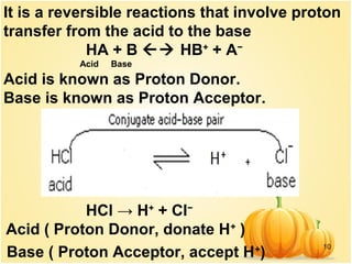 10
It is a reversible reactions that involve proton
transfer from the acid to the base
HA + B  HB+
+ A−
Acid Base
Acid is known as Proton Donor.
Base is known as Proton Acceptor.
HCl → H+
+ Cl−
Acid ( Proton Donor, donate H+
)
Base ( Proton Acceptor, accept H+
)
 