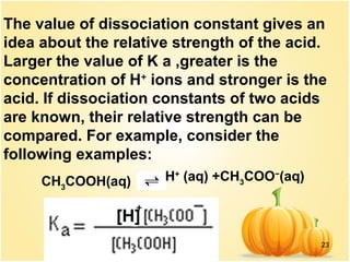 23
The value of dissociation constant gives an
idea about the relative strength of the acid.
Larger the value of K a ,greater is the
concentration of H+
ions and stronger is the
acid. If dissociation constants of two acids
are known, their relative strength can be
compared. For example, consider the
following examples:
CH3
COOH(aq) H+
(aq) +CH3
COO−
(aq)
 