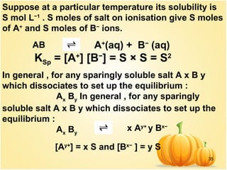 35
KSp = [A+
] [B−
] = S × S = S2
Suppose at a particular temperature its solubility is
S mol L−1
. S moles of salt on ionisation give S moles
of A+
and S moles of B−
ions.
AB    A+
(aq) + B−
(aq)
In general , for any sparingly soluble salt A x B y
which dissociates to set up the equilibrium :
Ax By In general , for any sparingly
soluble salt A x B y which dissociates to set up the
equilibrium :
Ax By
x Ay+
y Bx−
                      [Ay+
] = x S and [Bx−
] = y S
 