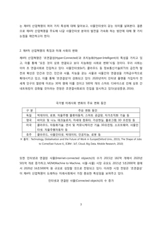 3
는 제4차 산업혁명의 여러 가지 특성에 대해 알아보고, 사물인터넷이 갖는 의미를 살펴본다. 결론
으로 제4차 산업혁명을 주도해 나갈 사물인터넷 분야의 발전을 가속화 하는 방안에 대해 몇 가지
논점을 제안하고자 한다.
2. 제4차 산업혁명의 특징과 미래 사회의 변화
제4차 산업혁명은 ‘초연결성(Hyper-Connected)’과 초지능화(Hyper-Intelligent)의 특성을 가지고 있
고, 이를 통해 “모든 것이 상호 연결되고 보다 지능화된 사회로 변화”시킬 것이다. 우리 사회는
이미 초 연결사회로 진입하고 있다. 사물인터넷(IoT), 클라우드 등 정보통신기술(ICT)의 급진적 발
전과 확산은 인간과 인간, 인간과 사물, 지능을 갖는 사물과 사물간의 연결성을 기하급수적으로
확대시키고 있고, 이를 통해 ‘초연결성’이 강화되고 있다. 2020년까지 인터넷 플랫폼 가입자가 전
세계 인구의 절반에 이르는 30억 명에 이를 것이고 500억 개의 스마트 디바이스로 인해 상호 간
네트워킹이 강화될 것이라는 전망은 초연결사회로의 진입을 암시하고 있다(삼성증권, 2016).
국가별 미래사회 변화의 주요 변화 동인
구 분 주요 변화 동인
독일 빅데이터, 로봇, 자율주행 물류자동차, 스마트 공급망, 자가조직화 기술 등
영국 바이오 및 나노 테크놀로지, 차세대 컴퓨터, 가상현실, 홀로그램, 3D 프린팅 등
미국 클라우드, 자동화기술, 센서 및 커뮤니케이션 기술, 3D프린팅, 소프트웨어, 사물인
터넷, 자율주행자동차 등
호주 클라우드, 사물인터넷, 빅데이터, 인공지능, 로봇 등
※ 출처 : Technology, Globalisation and the Future of Work in Europe(Oxford Univ., 2015); The Shape of Jobs
to Come(Fast Future 6_ ICBM : IoT, Cloud, Big Data, Mobile Research, 2010)
또한 인터넷과 연결된 사물(Internet-connected objsects)의 수가 2015년 182억 개에서 2020년
501억 개로 증가하고, M2M(Machine to Machine, 사물-사물) 시장 규모도 2015년 5조2000억 원에
서 2020년 16조5000억 원 규모로 성장할 것으로 전망되고 있다. 이러한 시장 전망은 ‘초연결성’
이 제4차 산업혁명이 도래하는 미래사회에서 가장 중요한 특성임을 보여주고 있다.
인터넷과 연결된 사물(Connected objects)의 수 증가
 