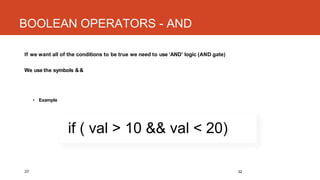 BOOLEAN OPERATORS - AND
27 32
If we want all of the conditions to be true we need to use ‘AND’ logic (AND gate)
We use the...