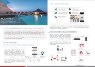 www.4ipnet.com
In recent years, reliable Wi-Fi has become one of the most important amenities for hotel guests. In
addition to investing in the latest Wi-Fi technology, hotels are also seeking value-added applications
to increase ROI, such as incorporating Wi-Fi within their loyalty programs or using Wi-Fi to collect
guest information. 4ipnet’s Wi-Fi solution disrupts traditional hotel WLAN deployments by combining
AP management, tiered Wi-Fi service, user policy enforcement, and PMS integration all in one
solution. Compared to the separated gateway and controller architecture, 4ipnet’s design greatly
reduces deployment costs and simplifies network management. Additional guest Wi-Fi features
such as social media login, ticket printer integration, and on-demand accounts provides hotels with
numerous ways to offer Wi-Fi to their guests.
4ipnet’s solution also provides many alternative ways for hospitality venues to provide Wi-Fi access
to their guests, from self-registration methods such as social media login to on-demand account
creation with the 4ipnet WTG ticket printer. The ability to collect more detailed customer information
and generate direct bookings is increasingly become one of the key added values as owners seek to
increase the ROI on wireless infrastructure.
Typically found only in network access gateways,
4ipnet has taken the Opera PMS interface and
integrated it directly on the WHG-series gateway-
controllers, becoming one of the only WLAN solutions
on the market to offer the PMS interface directly in
the same box together with AP management, user
authentication, and user policy enforcement. This
design allows hotels to significantly reduce initial
infrastructure investment without sacrificing on any of
the functionality.
When AP goes oﬄine,
the administrator will
receive e-mail from
WHG notifying of AP
status changeEAP-1
EAP-2
EAP-3
Administrator
EAP-4
WHG
SW
AP STATUS
EAP-1
EAP-2
EAP-3
EAP-4
With Internet usage becoming ever more
convenient and widespread, hotels need sufficient
tools at their disposal to track and trace user
activity in the event of inappropriate usage.
4ipnet's WHG gateway-controller provides
detailed user statistics, browsing history, and
event logs that comply with these requirements
while enhancing the IT staff's troubleshooting and
maintenance capabilities. Besides, by analyzing
user behavior such as number of devices per
guest or average bandwidth consumed, hotels are
able to better understand the preferences and
needs of their guests and provide an improved
guest experience.
REAL-TIME USER ACTIVITY MONITORING AND REPORTING
SEAMLESS INTEGRATION WITH ORACLE OPERA PMS
HOSPITALITY
Retain Hotel Guests with
Easy to Use & Managed Wi-Fi
FLEXIBLE GUEST WI-FI ENABLEMENT
FEATURES & BENEFITS
 
