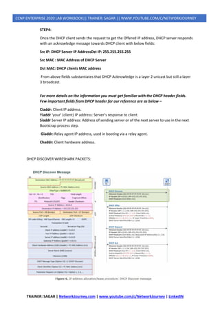 TRAINER: SAGAR | NetworkJourney.com | www.youtube.com/c/NetworkJourney | LinkedIN
CCNP ENTERPRISE 2020 LAB WORKBOOK|| TRAINER: SAGAR || WWW.YOUTUBE.COM/C/NETWORKJOURNEY
STEP4:
Once the DHCP client sends the request to get the Offered IP address, DHCP server responds
with an acknowledge message towards DHCP client with below fields:
Src IP: DHCP Server IP AddressDst IP: 255.255.255.255
Src MAC : MAC Address of DHCP Server
Dst MAC: DHCP clients MAC address
From above fields substantiates that DHCP Acknowledge is a layer 2 unicast but still a layer
3 broadcast.
For more details on the information you must get familiar with the DHCP header fields.
Few important fields from DHCP header for our reference are as below –
Ciaddr: Client IP address.
Yiaddr ‘your’ (client) IP address: Server’s response to client.
Siaddr Server IP address: Address of sending server or of the next server to use in the next
Bootstrap process step.
Giaddr: Relay agent IP address, used in booting via a relay agent.
Chaddr: Client hardware address.
DHCP DISCOVER WIRESHARK PACKETS:
 