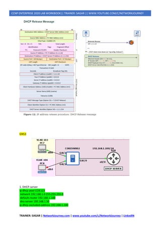 TRAINER: SAGAR | NetworkJourney.com | www.youtube.com/c/NetworkJourney | LinkedIN
CCNP ENTERPRISE 2020 LAB WORKBOOK|| TRAINER: SAGAR || WWW.YOUTUBE.COM/C/NETWORKJOURNEY
GNS3
1. DHCP-server
ip dhcp pool CCIE123
network 192.168.1.0 255.255.255.0
default-router 192.168.1.100
dns-server 192.168.1.50
ip dhcp excluded-address 192.168.1.100
 