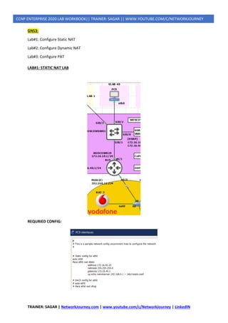 TRAINER: SAGAR | NetworkJourney.com | www.youtube.com/c/NetworkJourney | LinkedIN
CCNP ENTERPRISE 2020 LAB WORKBOOK|| TRAINER: SAGAR || WWW.YOUTUBE.COM/C/NETWORKJOURNEY
GNS3:
Lab#1: Configure Static NAT
Lab#2: Configure Dynamic NAT
Lab#3: Configure PAT
LAB#1: STATIC NAT LAB
REQURIED CONFIG:
 