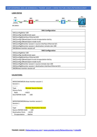 TRAINER: SAGAR | NetworkJourney.com | www.youtube.com/c/NetworkJourney | LinkedIN
CCNP ENTERPRISE 2020 LAB WORKBOOK|| TRAINER: SAGAR || WWW.YOUTUBE.COM/C/NETWORKJOURNEY
LAB#4 RSPAN
SW1 Configuration
SW1(config)#vlan 100
SW1(config‐vlan)#remote‐span
SW1(config)#interface Ethernet 0/0
SW1(config‐if)#switchport trunk encapsulation dot1q
SW1(config‐if)#switchport mode trunk
SW1(config)#monitor session 1 source interface Ethernet 0/1
SW1(config)#monitor session 1 destination remote vlan 100
SW1#show monitor session all
SW2 Configuration
SW2(config)#vlan 100
SW2(config‐vlan)#remote‐span
SW2(config)#interface Ethernet 0/0
SW2(config‐if)#switchport trunk encapsulation dot1q
SW2(config‐if)#switchport mode trunk
SW2(config)#monitor session 1 source remote vlan 100
SW2(config)#monitor session 1 destination interface Ethernet 0/1
SW2#show monitor session all
VALIDATIONS:
MOSCOWSW01# show monitor session 1
Session 1
---------
Type : Remote Source Session
Source Ports :
Both : Gi0/2
Dest RSPAN VLAN : 100
MOSCOWSW02#show monitor session 1
Session 1
---------
Type : Remote Destination Session
Source RSPAN VLAN : 100
Destination Ports : Gi1/0
Encapsulation : Native
 