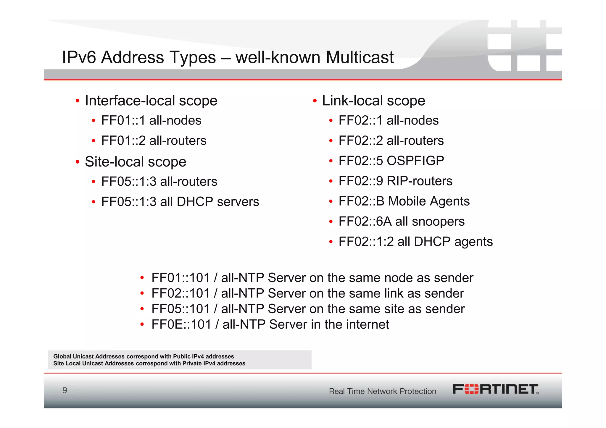 IPv6 Address Types – well-known Multicast

       • Interface-local scope                                        • Link-local scope
             • FF01::1 all-nodes                                        • FF02::1 all-nodes
             • FF01::2 all-routers                                      • FF02::2 all-routers
       • Site-local scope                                               • FF02::5 OSPFIGP
             • FF05::1:3 all-routers                                    • FF02::9 RIP-routers
             • FF05::1:3 all DHCP servers                               • FF02::B Mobile Agents
                                                                        • FF02::6A all snoopers
                                                                        • FF02::1:2 all DHCP agents

                              •   FF01::101 / all-NTP Server on the same node as sender
                              •   FF02::101 / all-NTP Server on the same link as sender
                              •   FF05::101 / all-NTP Server on the same site as sender
                              •   FF0E::101 / all-NTP Server in the internet

Global Unicast Addresses correspond with Public IPv4 addresses
Site Local Unicast Addresses correspond with Private IPv4 addresses



   9
 