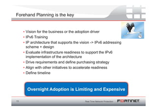 Forehand Planning is the key


     • Vision for the business or the adoption driver
     • IPv6 Training
     • IP architecture that supports the vision -> IPv6 addressing
       scheme + design
     • Evaluate infrastructure readiness to support the IPv6
       implementation of the architecture
     • Drive requirements and define purchasing strategy
     • Align with other initiatives to accelerate readiness
     • Define timeline



       Overnight Adoption is Limiting and Expensive

15
 