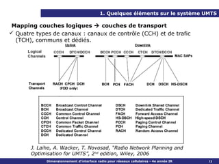 1. Quelques éléments sur le système UMTS

 Mapping couches logiques  couches de transport
 Quatre types de canaux : canaux de contrôle (CCH) et de trafic
  (TCH), communs et dédiés.




       J. Laiho, A. Wacker, T. Novosad, “Radio Network Planning and
       Optimisation for UMTS”, 2nd edition, Wiley, 2006
             Dimensionnement d’interface radio pour réseaux cellulaires - 4e année IR   13
 