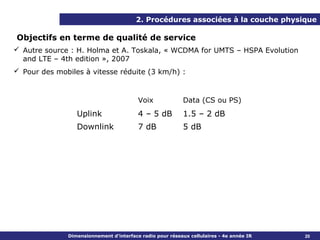 2. Procédures associées à la couche physique

Objectifs en terme de qualité de service
 Autre source : H. Holma et A. Toskala, « WCDMA for UMTS – HSPA Evolution
  and LTE – 4th edition », 2007
 Pour des mobiles à vitesse réduite (3 km/h) :



                                         Voix              Data (CS ou PS)
                 Uplink                  4 – 5 dB          1.5 – 2 dB
                 Downlink                7 dB              5 dB




              Dimensionnement d’interface radio pour réseaux cellulaires - 4e année IR   20
 