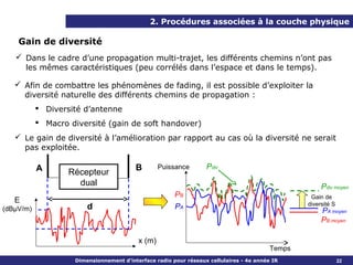 2. Procédures associées à la couche physique

    Gain de diversité
    Dans le cadre d’une propagation multi-trajet, les différents chemins n’ont pas
     les mêmes caractéristiques (peu corrélés dans l’espace et dans le temps).

    Afin de combattre les phénomènes de fading, il est possible d’exploiter la
     diversité naturelle des différents chemins de propagation :
            Diversité d’antenne
            Macro diversité (gain de soft handover)
    Le gain de diversité à l’amélioration par rapport au cas où la diversité ne serait
     pas exploitée.

           A                             B        Puissance       Pdiv
                   Récepteur
                     dual                                                                             Pdiv moyen
                                                       PB                                         Gain de
   E                                                                                             diversité S
(dBµV/m)                d                              PA
                                                                                                      PA moyen
                                                                                                      PB moyen

                                          x (m)
                                                                                         Temps
                    Dimensionnement d’interface radio pour réseaux cellulaires - 4e année IR                   22
 