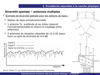 2. Procédures associées à la couche physique

  Diversité spatiale – antennes multiples
 Exemple de diversité spatiale pour les stations de base :
  Station de base omnidirectionnelle
  1 antenne Tx surélevée et au milieu (assurer
   l’omnidirectionnalité et réduire le couplage entre
   antennes)
  2 antennes de réception séparées de 12 à 20 λpour
   avoir un gain de diversité de 4-6 dB




                Dimensionnement d’interface radio pour réseaux cellulaires - 4e année IR
                                                                                           Octobre
 