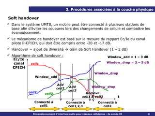 2. Procédures associées à la couche physique

Soft handover
 Dans le système UMTS, un mobile peut être connecté à plusieurs stations de
  base afin d’éviter les coupures lors des changements de cellule et combattre les
  évanouissement.
 Le mécanisme de handover est basé sur la mesure du rapport Ec/Io du canal
  pilote P-CPICH, qui doit être compris entre -20 et -17 dB.
 Handover = ajout de diversité  Gain de Soft Handover (1 – 2 dB)
 Algorithme de soft handover :                                           Window_add = 1 – 3 dB
   Ec/Io
   canal    cell1                                                        Window_drop = 2 – 5 dB
  CPICH
                                                               Window_drop
                Window_add

                                Add
                                          Add                Window_drop
                                cell2
                                          cell3
            cell2      cell3                           Remove
                                                     cell1 & cell3                t
               Connecté à               Connecté à                Connecté à
                  cell1                  cell1,2,3                   cell2

              Dimensionnement d’interface radio pour réseaux cellulaires - 4e année IR        31
 