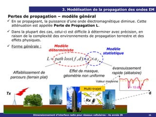 3. Modélisation de la propagation des ondes EM

Pertes de propagation – modèle général
 En se propageant, la puissance d’une onde électromagnétique diminue. Cette
  atténuation est appelée Perte de Propagation L.
 Dans la plupart des cas, celui-ci est difficile à déterminer avec précision, en
  raison de la complexité des environnements de propagation terrestre et des
  effets physiques.
 Forme générale :           Modèle
                           déterministe                                  Modèle
                                                                       statistique
                          L = path loss ( f , d ) × as × a f
                                                                              évanouissement
  Affaiblissement de                      Effet de masque,                    rapide (aléatoire)
 parcours (terrain plat)               géométrie non uniforme
                                                                 Valeur moyenne

                                                       Multi-trajet                       > 10 dB

Tx                                                                                                  d
                                                         Rx


               Dimensionnement d’interface radio pour réseaux cellulaires - 4e année IR             35
 