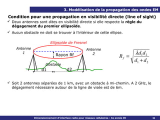 3. Modélisation de la propagation des ondes EM

Condition pour une propagation en visibilité directe (line of sight)
 Deux antennes sont dites en visibilité directe si elle respecte la règle du
  dégagement du premier ellipsoïde.
 Aucun obstacle ne doit se trouver à l’intérieur de cette ellipse.

                           Ellipsoïde de Fresnel
     Antenne                                           Antenne
        1
                               Rayon Rf                   2                               λd1d 2
                                                                                 Rf =
                                                                                          d1 + d 2
                        Obstacle
                    d1                  d2


 Soit 2 antennes séparées de 1 km, avec un obstacle à mi-chemin. A 2 GHz, le
  dégagement nécessaire autour de la ligne de visée est de 6m.




               Dimensionnement d’interface radio pour réseaux cellulaires - 4e année IR              38
 