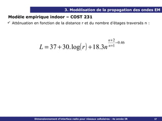3. Modélisation de la propagation des ondes EM

Modèle empirique indoor – COST 231
 Atténuation en fonction de la distance r et du nombre d’étages traversés n :



                                                                       n+2
                                                                            − 0.46
                 L = 37 + 30. log( r ) + 18.3n                         n +1




              Dimensionnement d’interface radio pour réseaux cellulaires - 4e année IR   57
 
