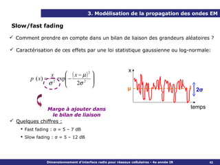 3. Modélisation de la propagation des ondes EM

Slow/fast fading

 Comment prendre en compte dans un bilan de liaison des grandeurs aléatoires ?

 Caractérisation de ces effets par une loi statistique gaussienne ou log-normale:



                                                              x
                    x     ( x − µ)    2
                                           
        p ( x) =      exp −
                         
                                           
                                           
                   σ2        2σ 2         
                                                              μ                             2σ


              Marge à ajouter dans                                                         temps
                 le bilan de liaison
 Quelques chiffres :
     Fast fading : σ = 5 – 7 dB
     Slow fading : σ = 5 – 12 dB




                Dimensionnement d’interface radio pour réseaux cellulaires - 4e année IR           62
 