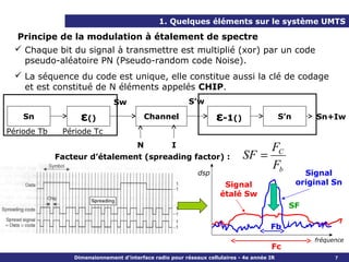 1. Quelques éléments sur le système UMTS

  Principe de la modulation à étalement de spectre
   Chaque bit du signal à transmettre est multiplié (xor) par un code
    pseudo-aléatoire PN (Pseudo-random code Noise).
   La séquence du code est unique, elle constitue aussi la clé de codage
    et est constitué de N éléments appelés CHIP.
                               Sw                         S’w
    Sn             ε()                   Channel                    ε-1()                   S’n       Sn+Iw
Période Tb    Période Tc
                               N       I                                          FC
             Facteur d’étalement (spreading factor) :                        SF =
                                                                                  Fb
                                                             dsp                                    Signal
                                                                      Signal                      original Sn
                                                                     étalé Sw
                                                                                              SF

                                                                                       Fb
                                                                                                      fréquence
                                                                                       Fc
                 Dimensionnement d’interface radio pour réseaux cellulaires - 4e année IR                   7
 